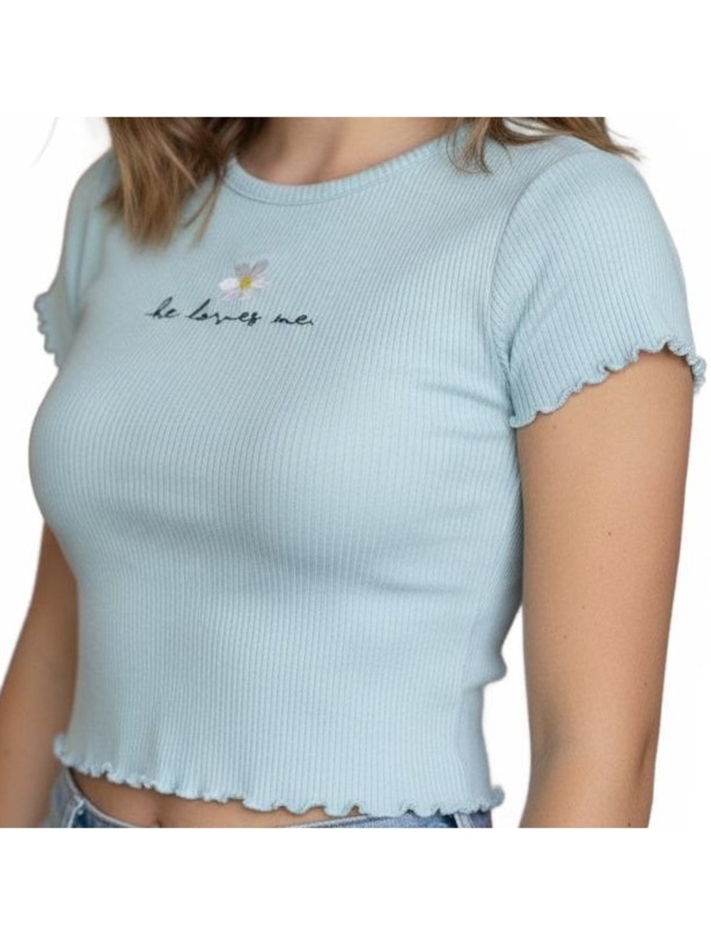 Originality Light Blue Ribbed Crop Top with Daisy Embroidery